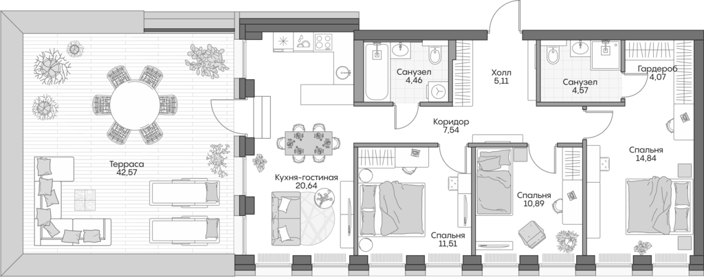 Планировка евро-4 (4Е) 124 м² в ЖК «Инсайдер», корпус 3