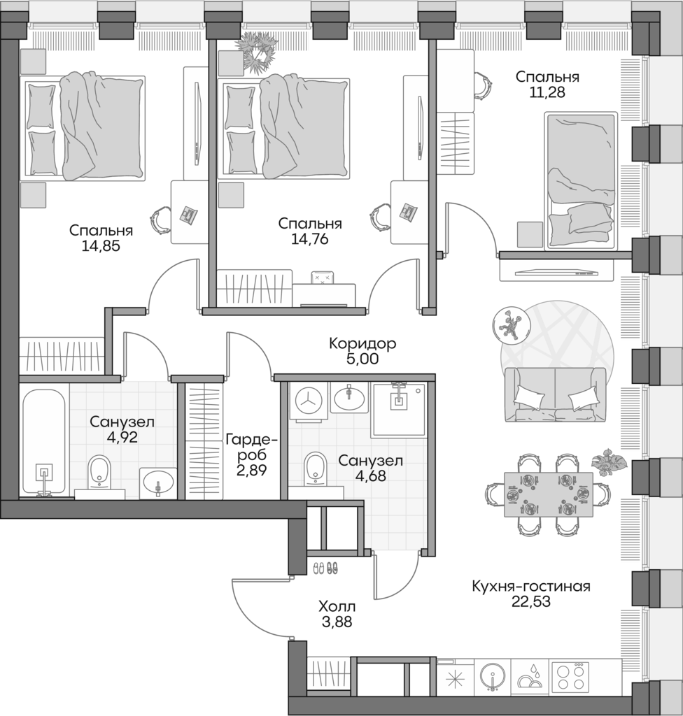 Планировка евро-4 (4Е) 82.8 м² в ЖК «Инсайдер», корпус 1