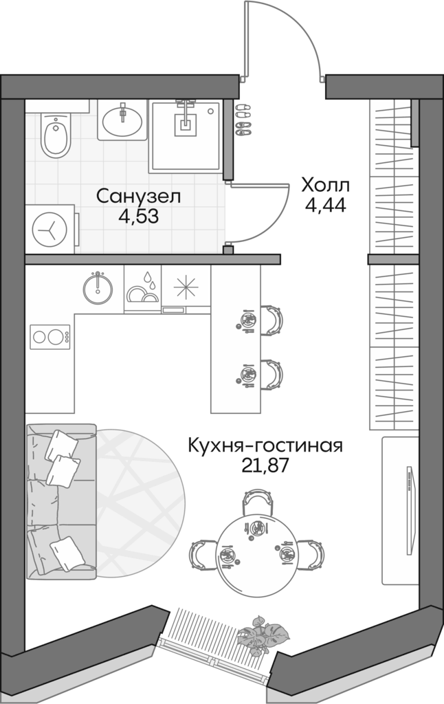 Планировка Студии 30.4 м² в ЖК «Инсайдер», корпус 1