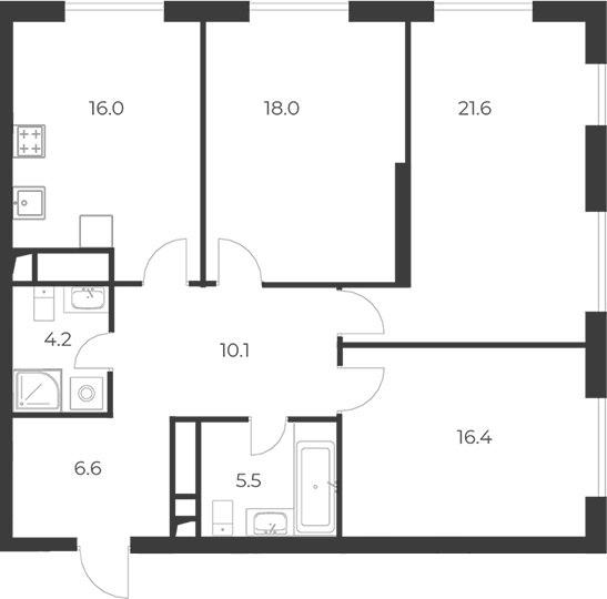 Планировка трёхкомнатная 98.4 м² в ЖК «Интонация», корпус 1
