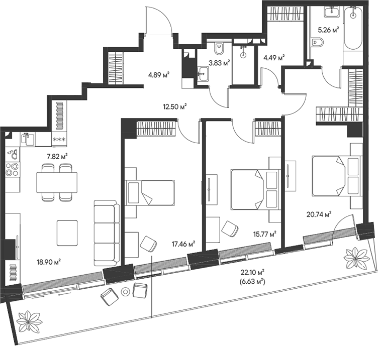 Планировка евро-4 (4Е) 118.29 м² в ЖК «Джойс», корпус Лео (2)