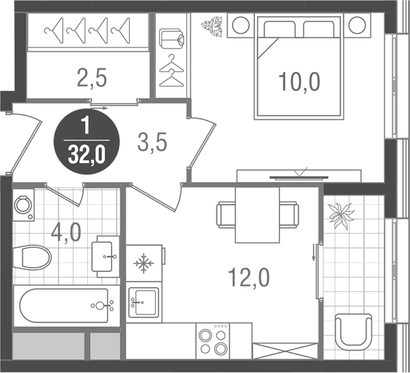 Планировка однокомнатная 32 м² в ЖК «Кантемировский», корпус 2