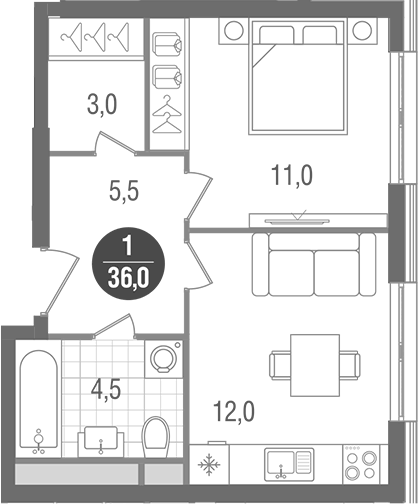 Планировка однокомнатная 36 м² в ЖК «Кантемировский», корпус 4