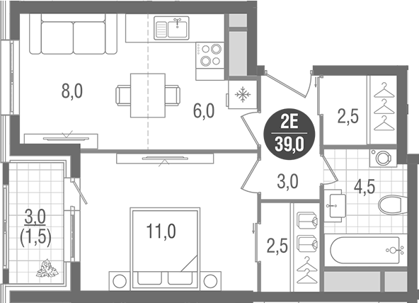 Планировка евродвушка (2Е) 39 м² в ЖК «Кантемировский», корпус 4
