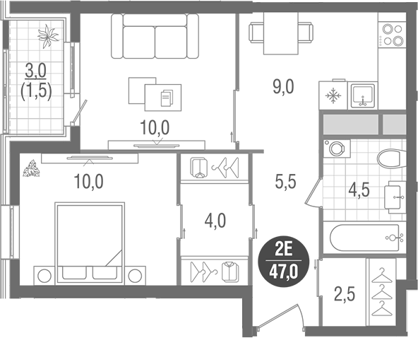 Планировка евродвушка (2Е) 47 м² в ЖК «Кантемировский», корпус 4