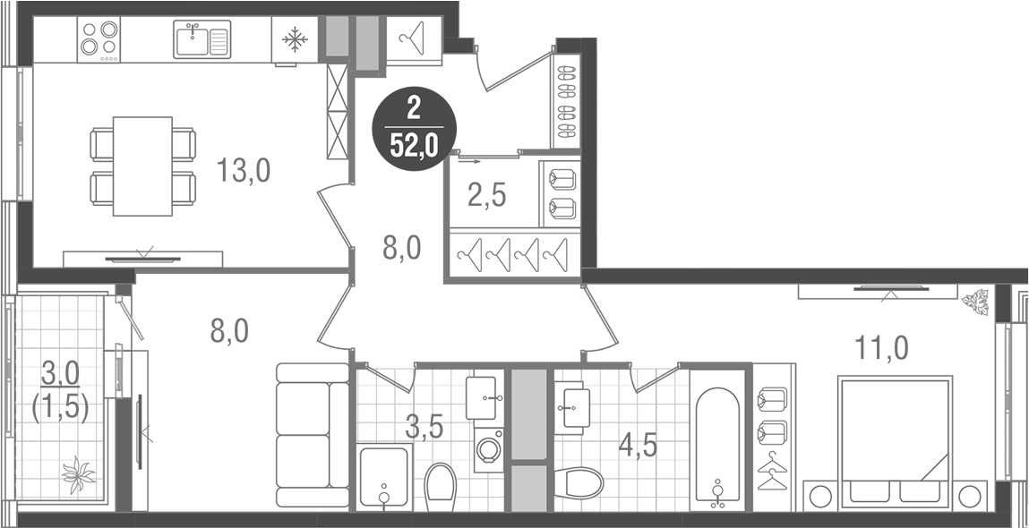 Планировка двухкомнатная 52 м² в ЖК «Кантемировский», корпус 2