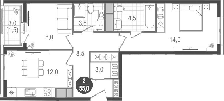 Планировка двухкомнатная 55 м² в ЖК «Кантемировский», корпус 2