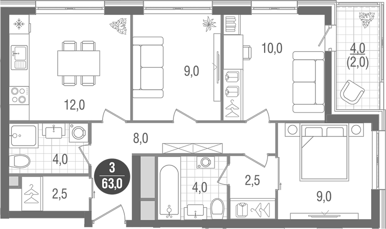 Планировка трёхкомнатная 63 м² в ЖК «Кантемировский», корпус 4