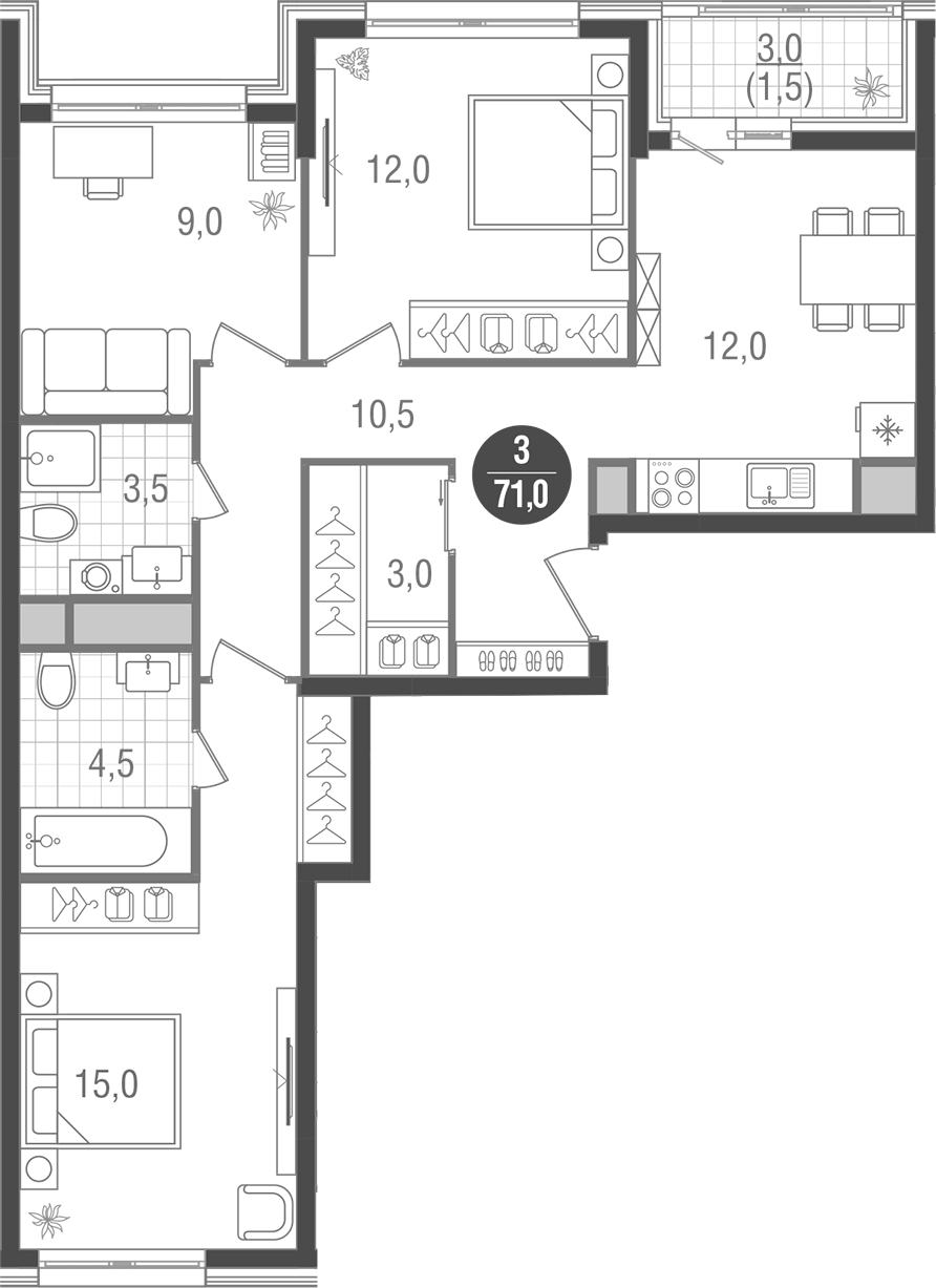 Планировка трёхкомнатная 71 м² в ЖК «Кантемировский», корпус 2