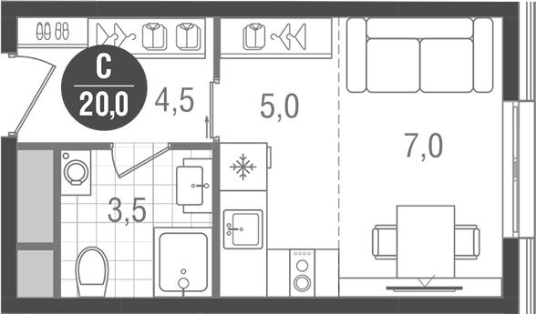 Планировка Студии 20 м² в ЖК «Кантемировский», корпус 2
