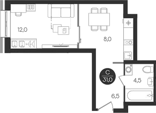 Планировка Студии 31 м² в ЖК «Кантемировский», корпус 1