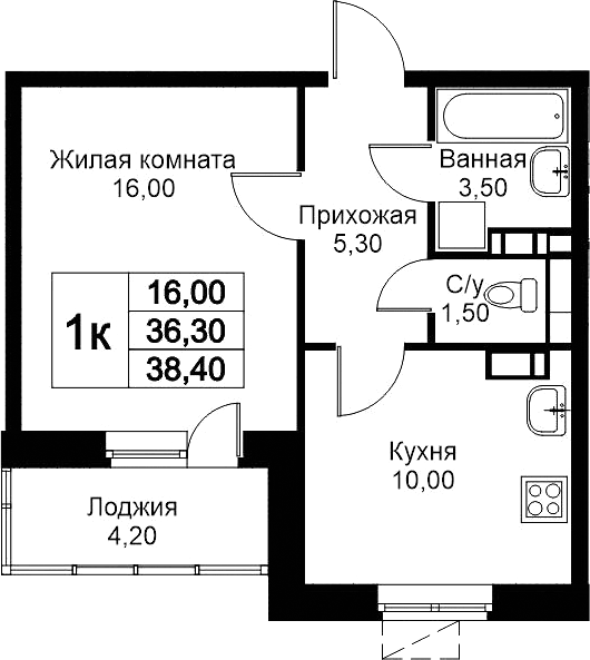 Планировка однокомнатная 38.4 м² в ЖК «Кашинцево», корпус 11