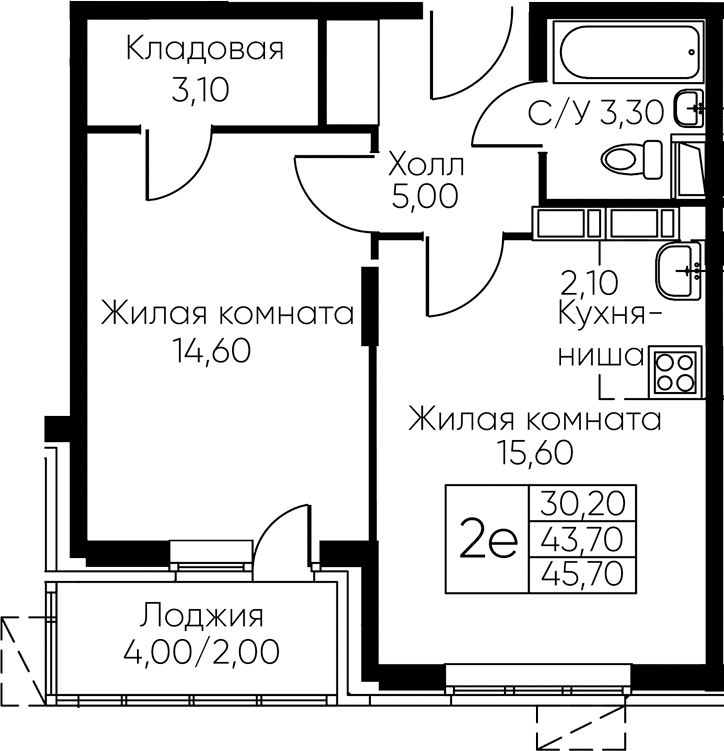 Планировка евродвушка (2Е) 45.7 м² в ЖК «Кашинцево», корпус 12