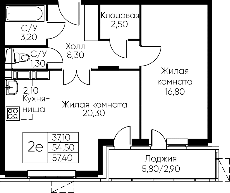 Планировка евродвушка (2Е) 57.4 м² в ЖК «Кашинцево», корпус 12