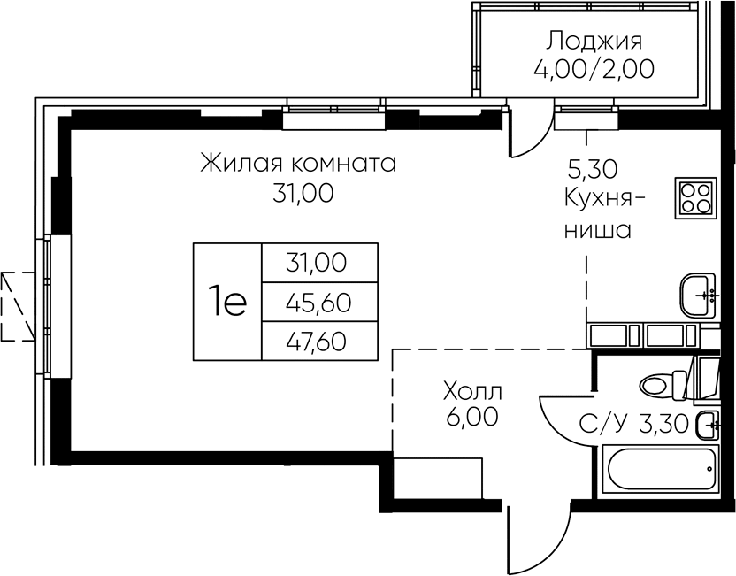 Планировка Студии 47.6 м² в ЖК «Кашинцево», корпус 12