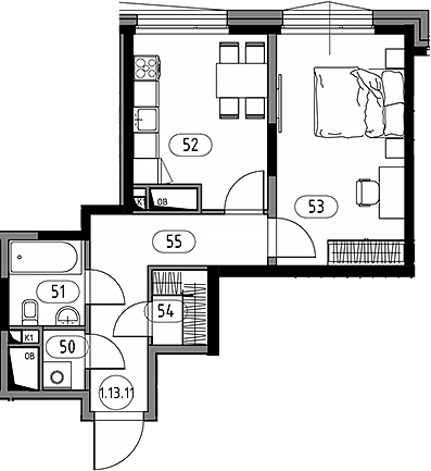 Планировка однокомнатная 44.93 м² в ЖК «Кинетик. Резиденции на Дмитровском», корпус 2
