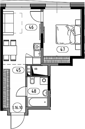 Планировка евродвушка (2Е) 41.75 м² в ЖК «Кинетик. Резиденции на Дмитровском», корпус 2
