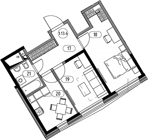 Планировка двухкомнатная 52.53 м² в ЖК «Кинетик. Резиденции на Дмитровском», корпус 2