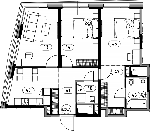 Планировка трёхкомнатная 80.86 м² в ЖК «Кинетик. Резиденции на Дмитровском», корпус 2