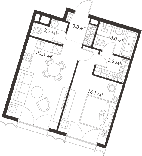 Планировка евродвушка (2Е) 51.1 м² в ЖК «КИНГ&САНС», корпус 1