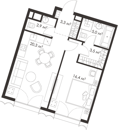 Планировка евродвушка (2Е) 51.4 м² в ЖК «КИНГ&САНС», корпус 1