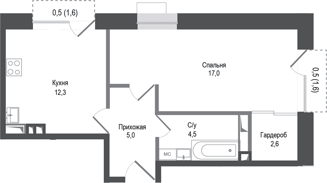 Планировка однокомнатная 42.4 м² в ЖК «Киноквартал», корпус 3