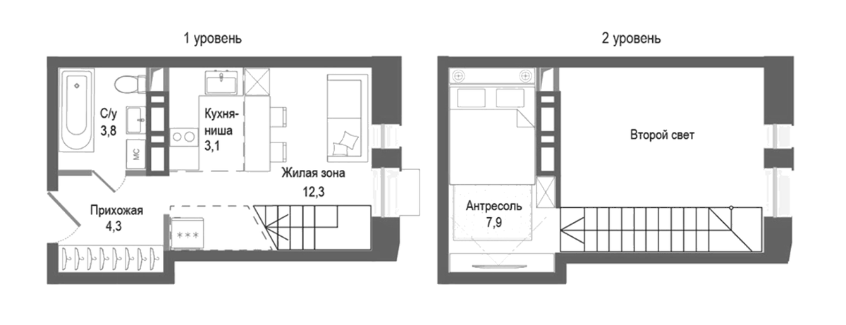 Планировка евродвушка (2Е) 31.4 м² в ЖК «Киноквартал», корпус 1