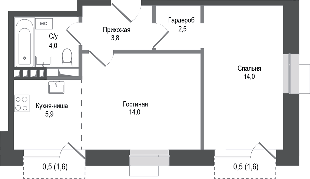 Планировка евродвушка (2Е) 45.2 м² в ЖК «Киноквартал», корпус 3