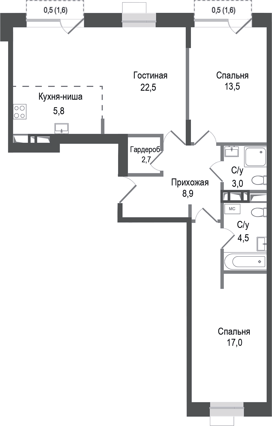 Планировка евротрёшка (3Е) 78 м² в ЖК «Киноквартал», корпус 3