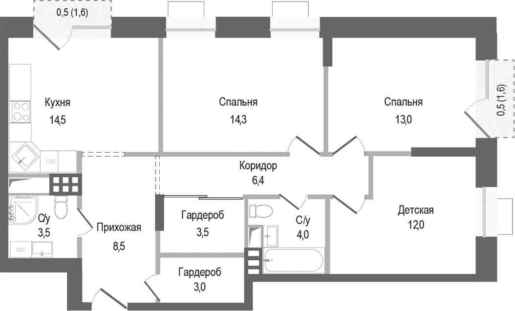 Планировка трёхкомнатная 83.7 м² в ЖК «Киноквартал», корпус 3