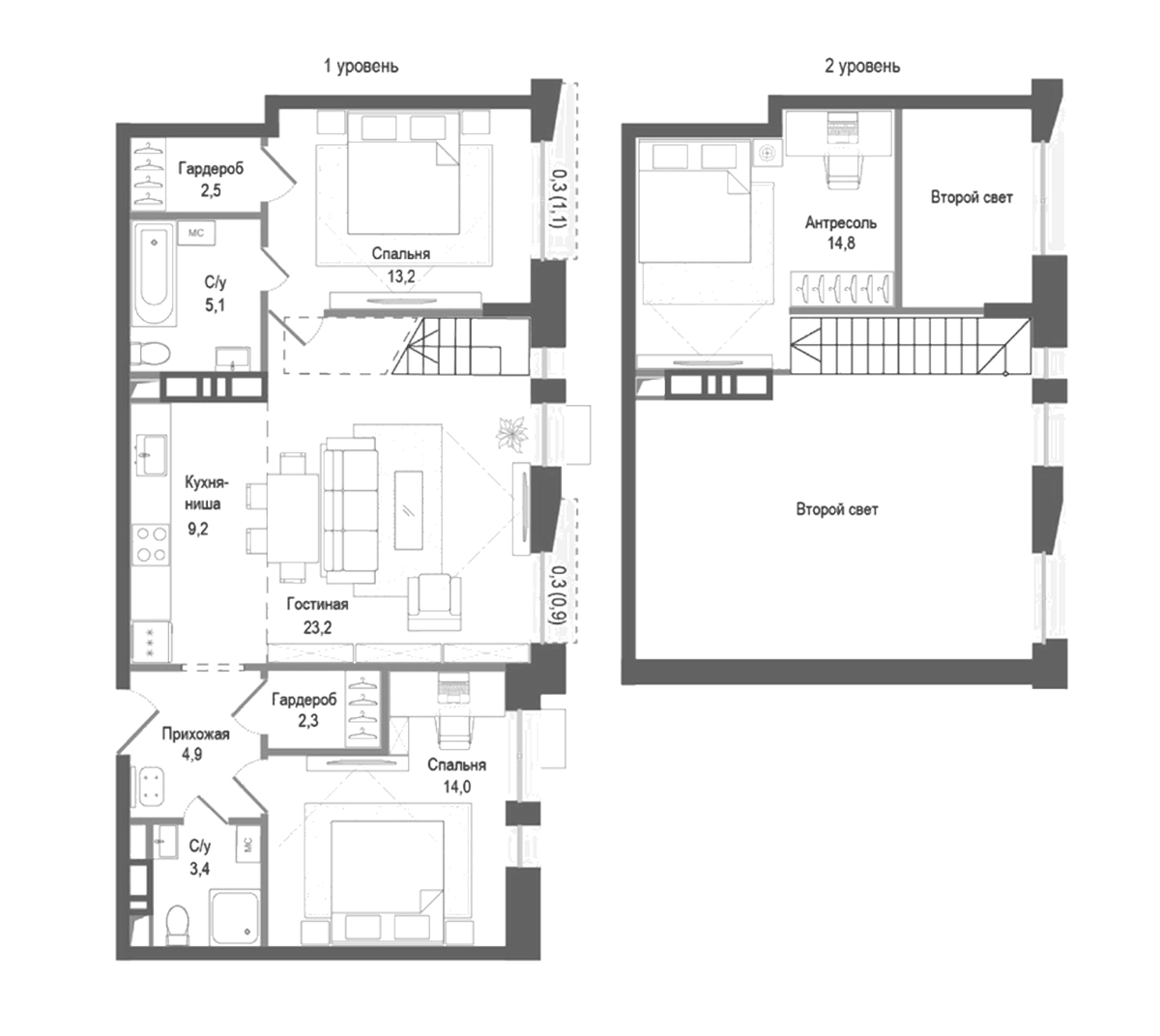 Планировка евро-4 (4Е) 93.2 м² в ЖК «Киноквартал», корпус 1