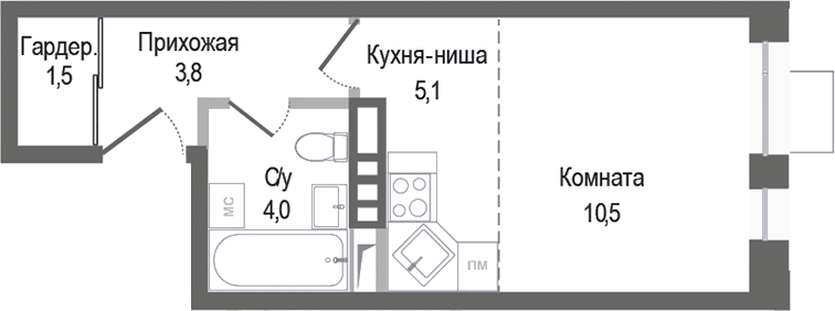Планировка Студии 24.9 м² в ЖК «Киноквартал», корпус 3