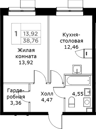 Планировка однокомнатная 38.76 м² в ЖК «КИТ», корпус 1