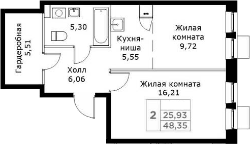 Планировка евродвушка (2Е) 48.35 м² в ЖК «КИТ», корпус 2