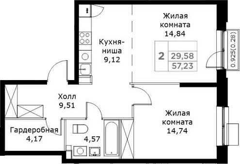 Планировка евродвушка (2Е) 57.23 м² в ЖК «КИТ», корпус 3