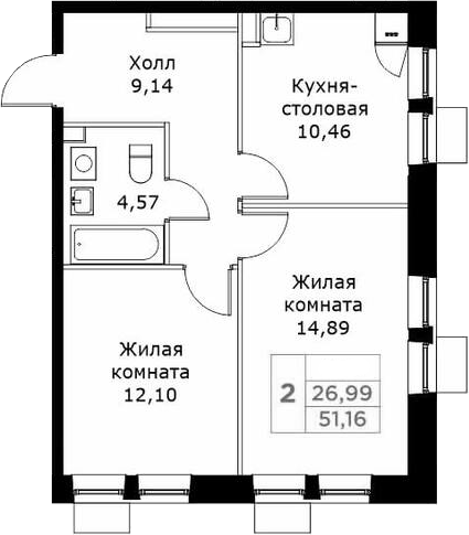Планировка двухкомнатная 51.2 м² в ЖК «КИТ», корпус 1