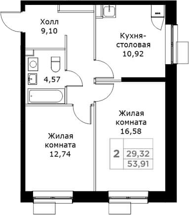 Планировка двухкомнатная 53.9 м² в ЖК «КИТ», корпус 3