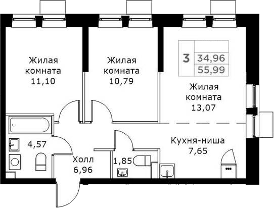 Планировка евротрёшка (3Е) 55.99 м² в ЖК «КИТ», корпус 1