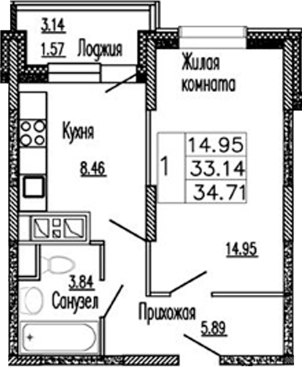 Планировка однокомнатная 34.71 м² в ЖК «Клевер», корпус 4