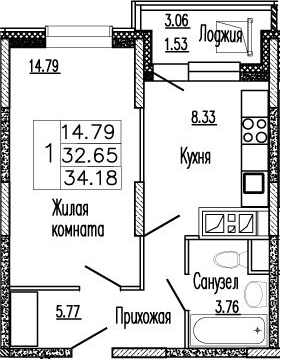 Планировка однокомнатная 35.6 м² в ЖК «Клевер», корпус 1