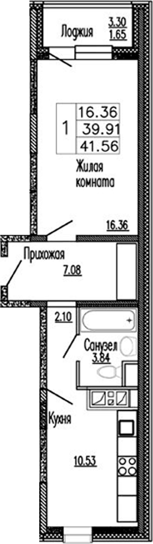 Планировка однокомнатная 41.56 м² в ЖК «Клевер», корпус 4