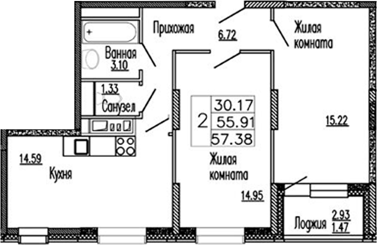 Планировка двухкомнатная 57.38 м² в ЖК «Клевер», корпус 4