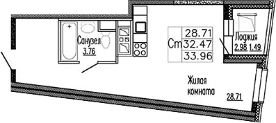 Планировка Студии 35.5 м² в ЖК «Клевер», корпус 3