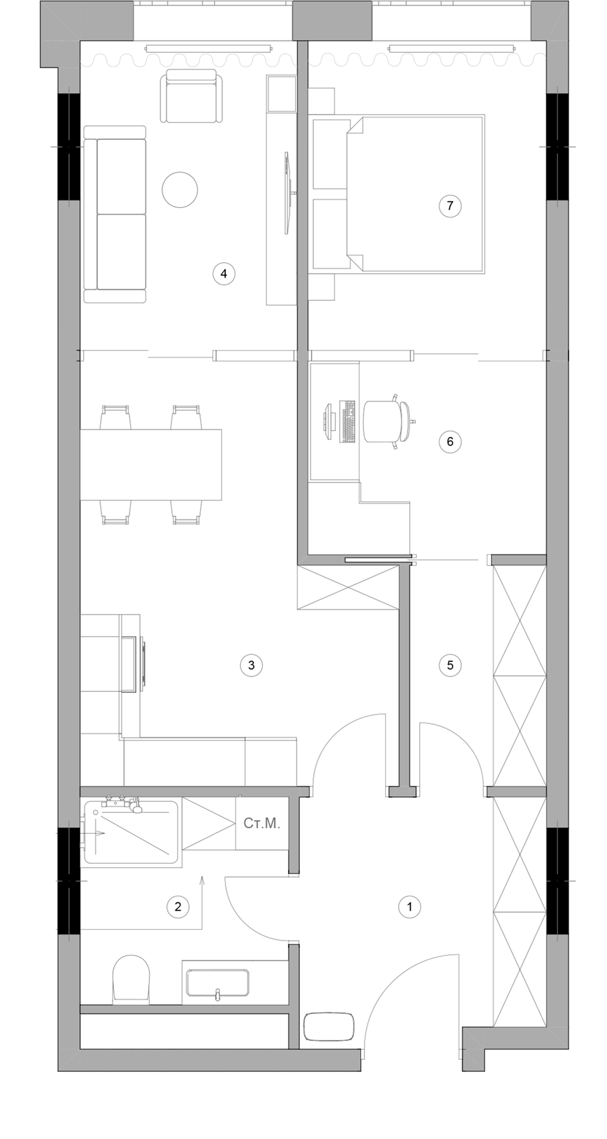 Планировка евродвушка (2Е) 57.5 м² в ЖК «Клубный дом Sole Hills», корпус 1