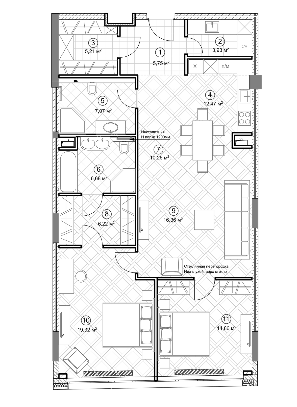Планировка евротрёшка (3Е) 107.1 м² в ЖК «Клубный дом Sole Hills», корпус 1