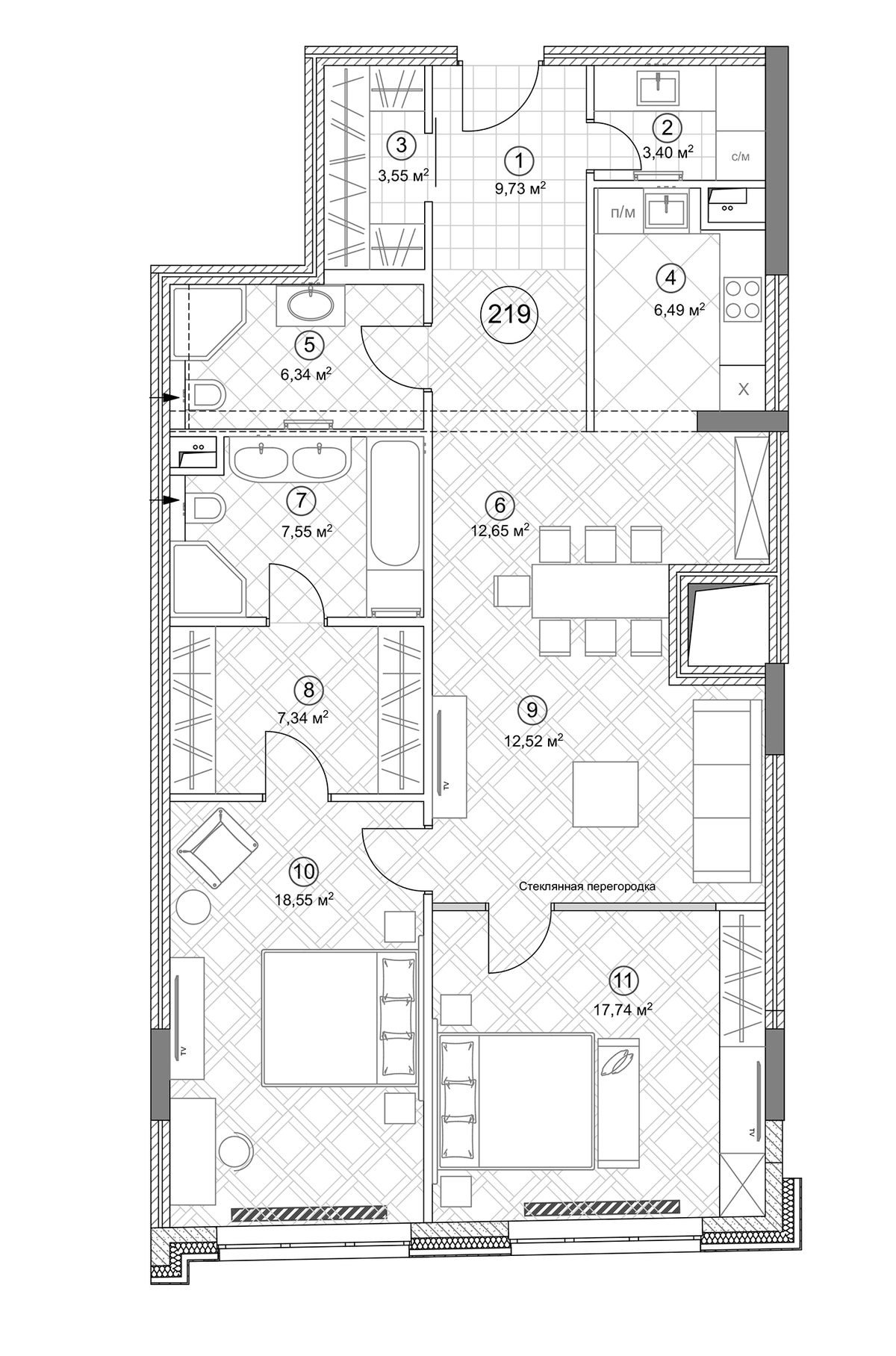 Планировка евротрёшка (3Е) 108.8 м² в ЖК «Клубный дом Sole Hills», корпус 1