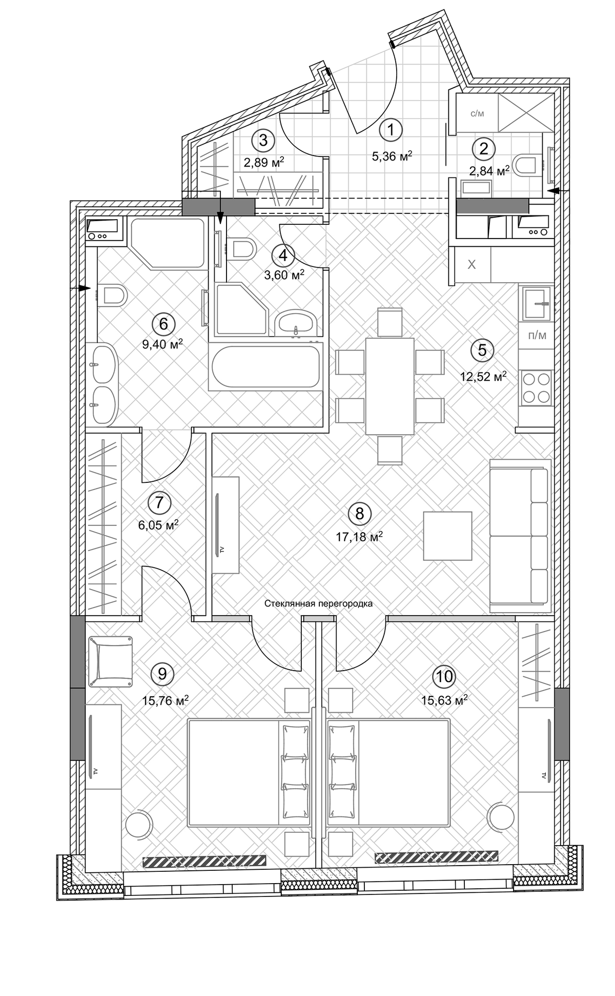 Планировка евротрёшка (3Е) 93.6 м² в ЖК «Клубный дом Sole Hills», корпус 1