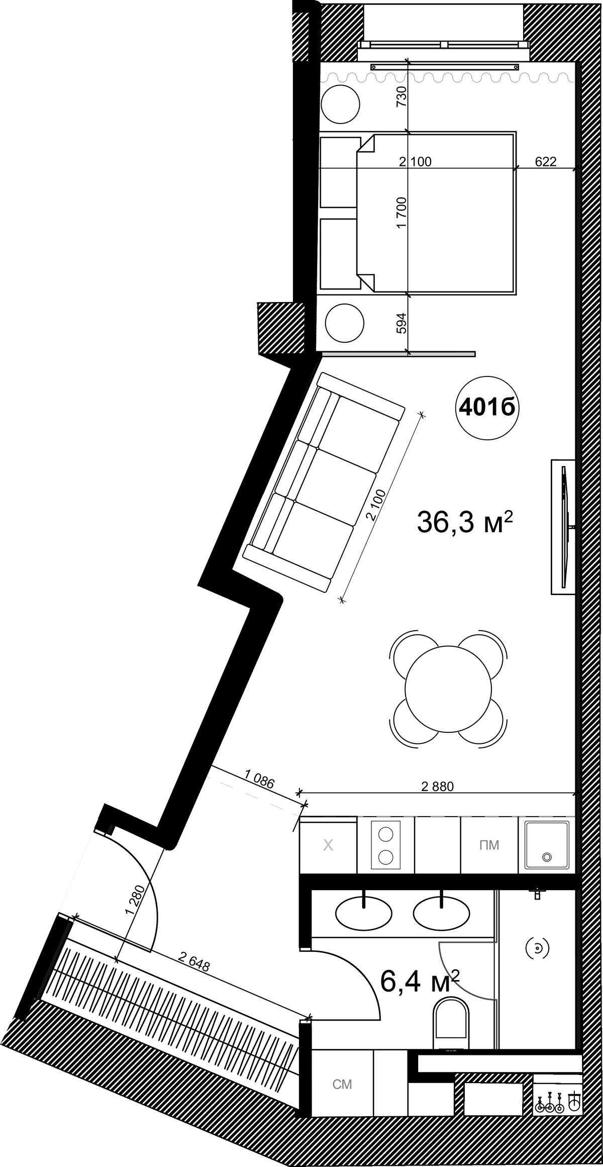 Планировка Студии 42.7 м² в ЖК «Клубный дом Sole Hills», корпус 1