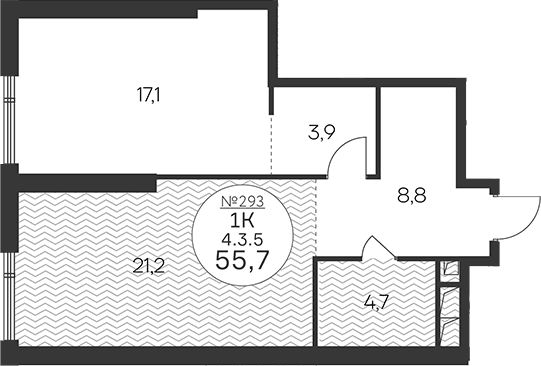 Планировка однокомнатная 55.7 м² в ЖК «Клубный квартал КРЫЛАТСКАЯ 33», корпус 2