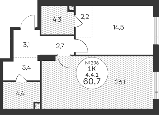 Планировка однокомнатная 60.7 м² в ЖК «Клубный квартал КРЫЛАТСКАЯ 33», корпус 2